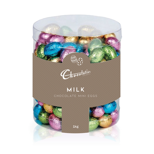 Chocolatier Tub Milk Chocolate Assorted Foiled Mini Eggs 1000g (1)